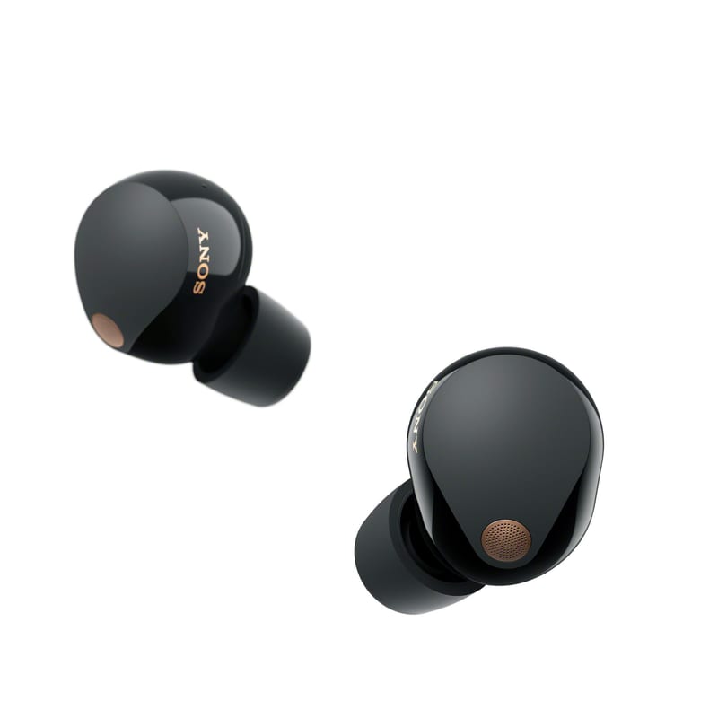 Sony WF-1000XM5 wireless earbuds in black with copper accents on the outer face and the Sony wordmark