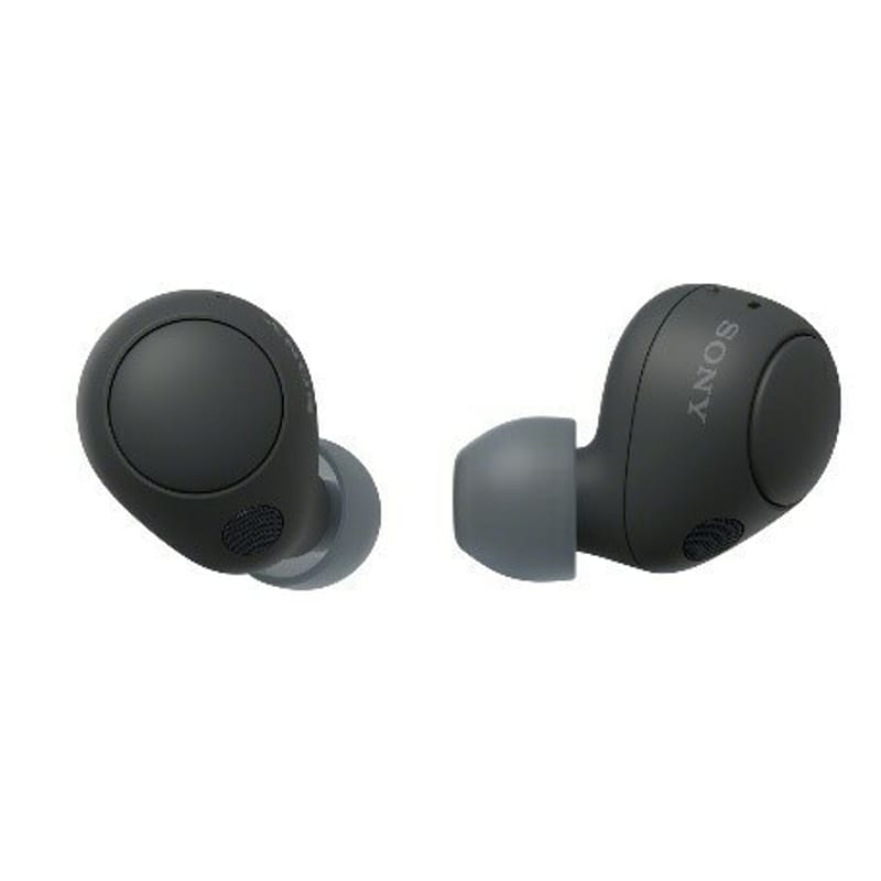Sony WF-C700N wireless earbuds in black, one showing the flat circular outer face with the Sony wordmark and one the eartip side