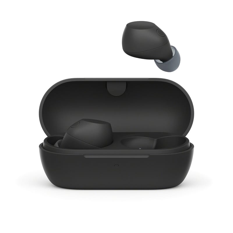 Sony WF-C710N wireless earbuds in black, one earbud above the open charging case with the other seated inside
